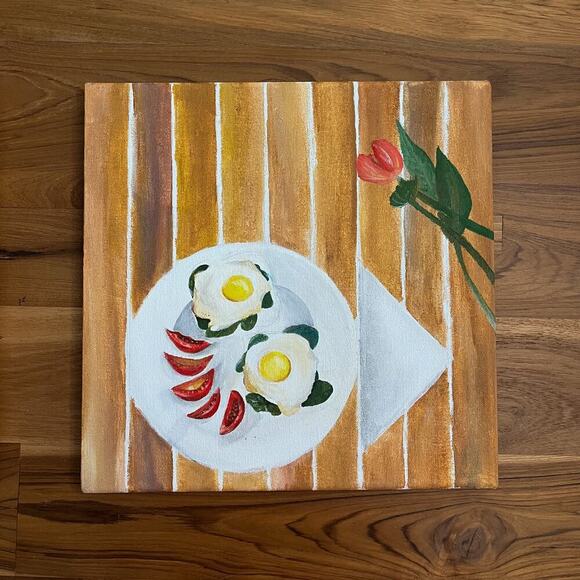 Acrylic Canvas Paintings Breakfast Eggs Sunny Side‎ Set of 2 12X12 Hand Painting - Picture 3 of 12